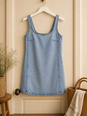 Zara Denim Mini Dress Small Light Wash 100% Cotton Sleeveless